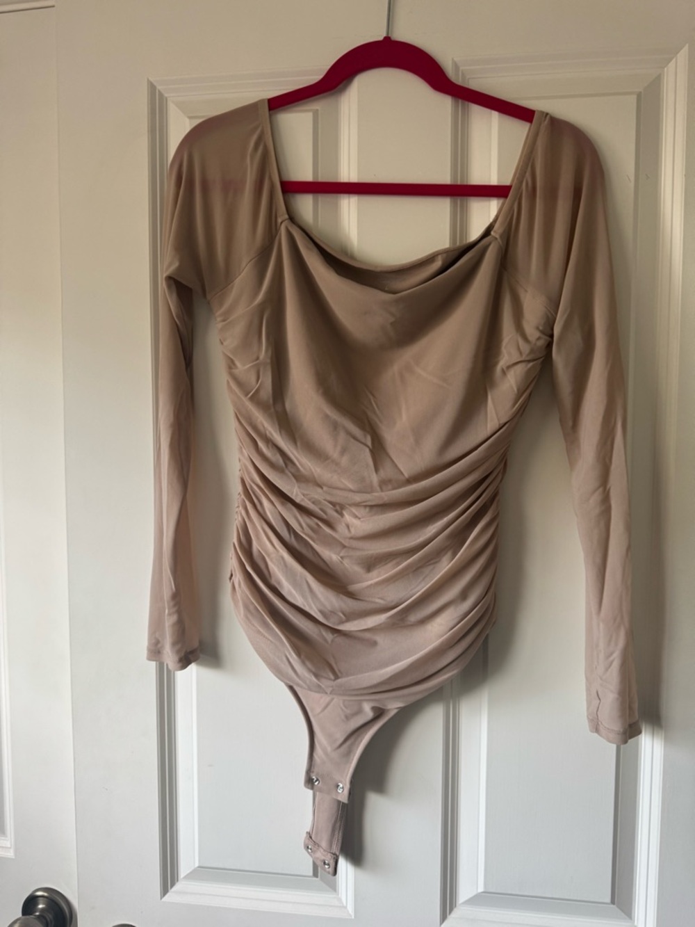 Long-Sleeve Ruched Nude Bodysuit